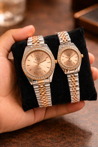 Luxury His and Her Couple Watch Set - Black Stainless Steel Diamond Bezel
