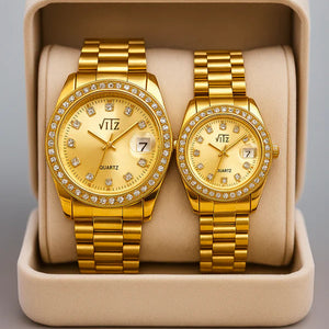 Luxury Couple Watch Set – Vitz Quartz | Gold & Silver Two-Tone with Diamond Dial | His & Her Matching Gift