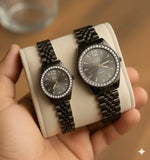 Luxury His and Her Couple Watch Set - Black Stainless Steel Diamond Bezel