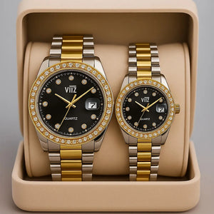 Luxury Couple Watch Set – Vitz Quartz | Gold & Silver Two-Tone with Diamond Dial | His & Her Matching Gift