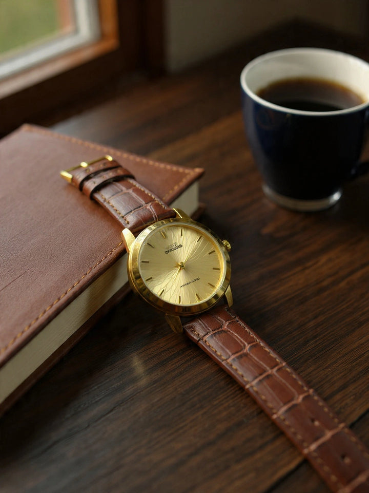 Sultan Gold | Men's Classic Analog Watch | Brown Crocodile Leather | Sapphire Coated Crystal